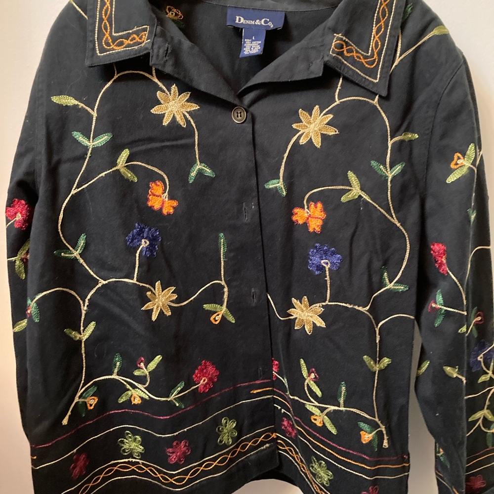 Embroidered denim and co long sleeve top
